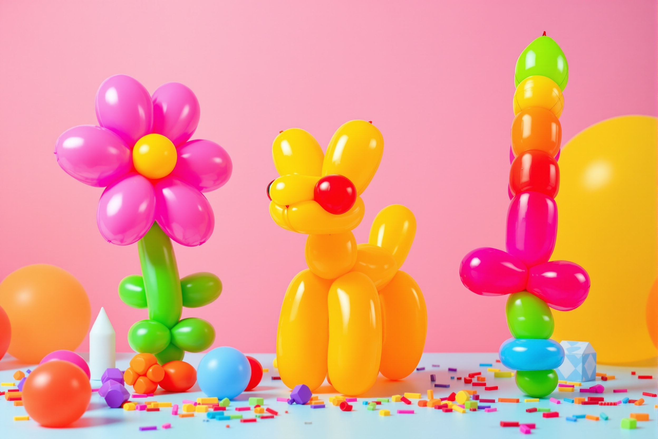 Brightly coloured twisted balloon sculptures including a dog, flower and sword on a table