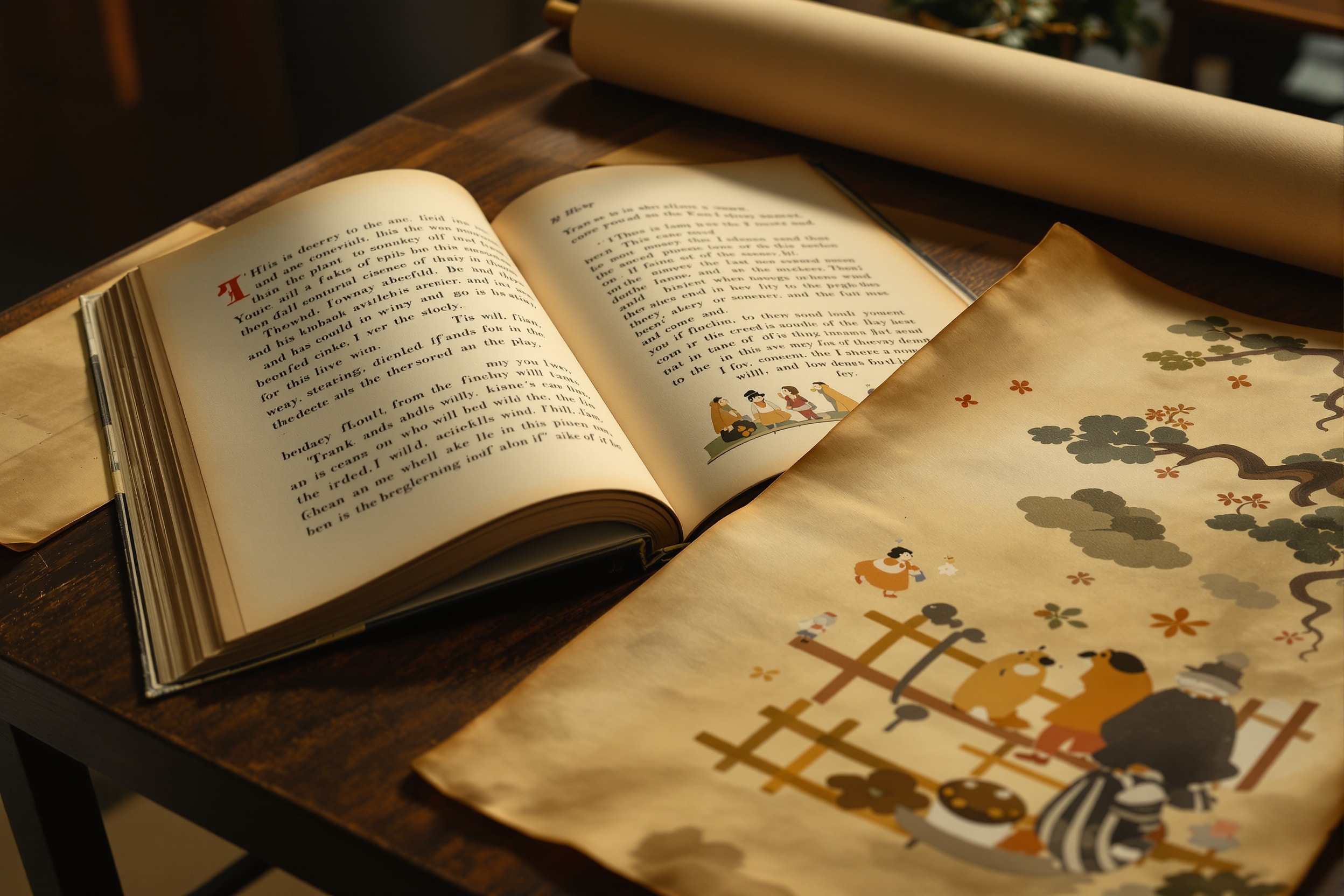 An open antique illustrated Japanese storybook and a painted paper scroll on a wooden table