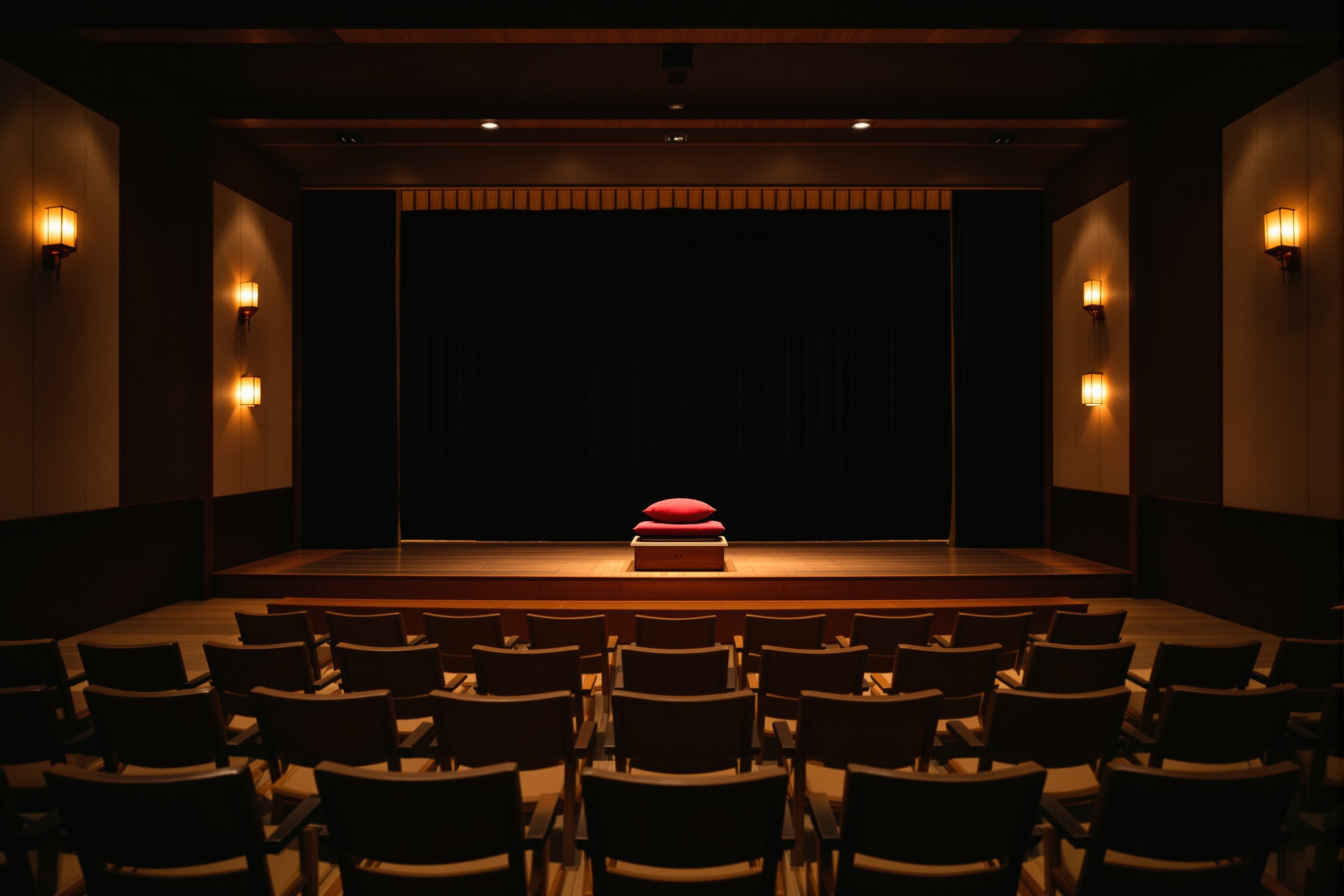 An intimate empty performance hall with seats facing a small stage and paper lantern