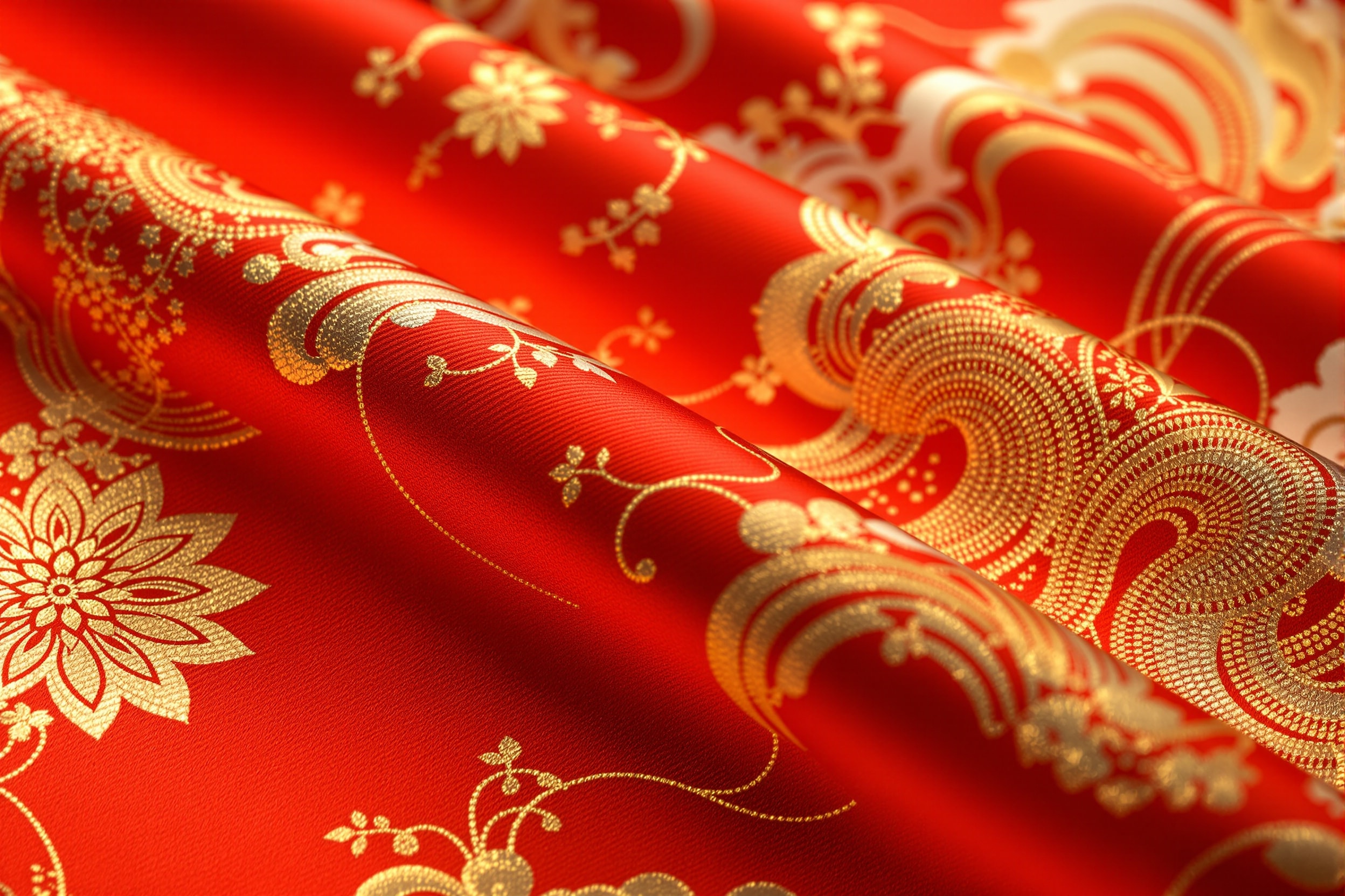 Detail of a vermilion silk kimono woven with gold chrysanthemum and wave patterns