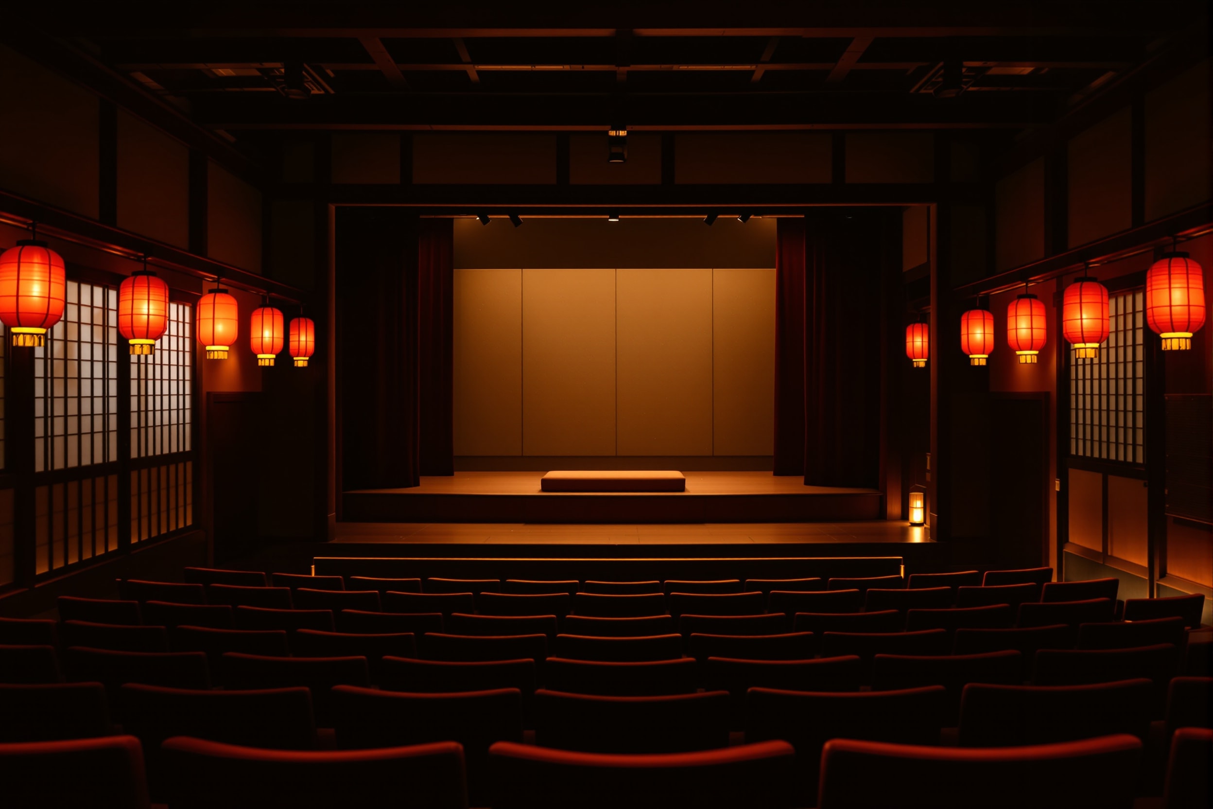 The interior of a small traditional theatre with red lanterns and a modest stage