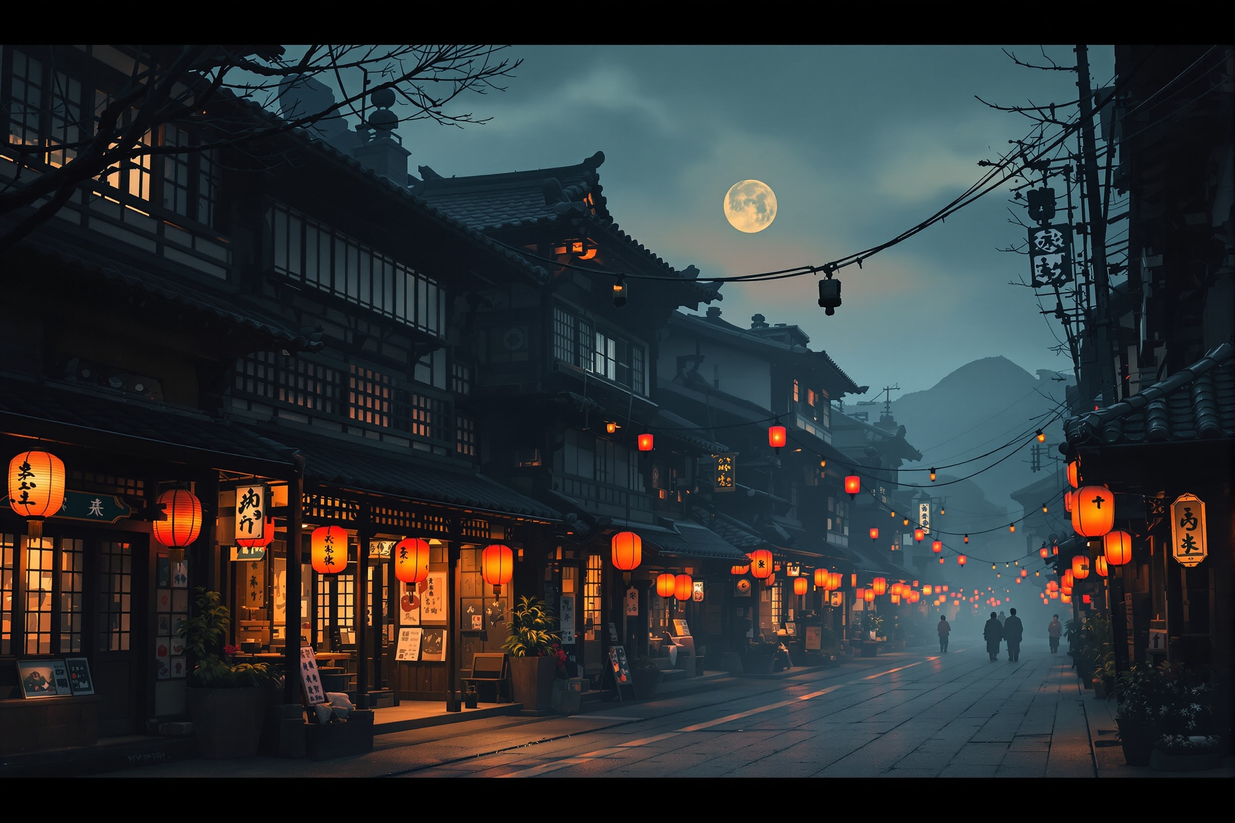 An atmospheric Edo-period Japanese lane at dusk lit by red paper lanterns