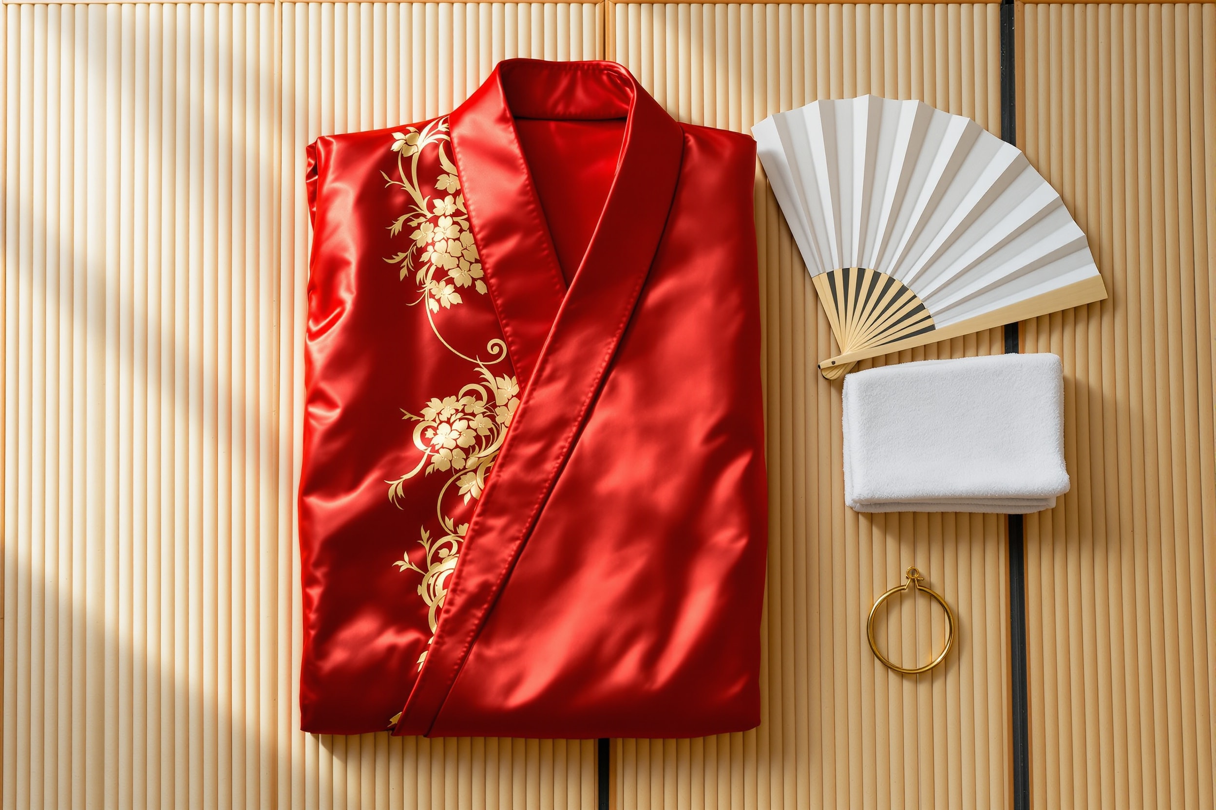 A flat-lay of a folded red-and-gold silk kimono, an open paper fan and a folded cloth on tatami