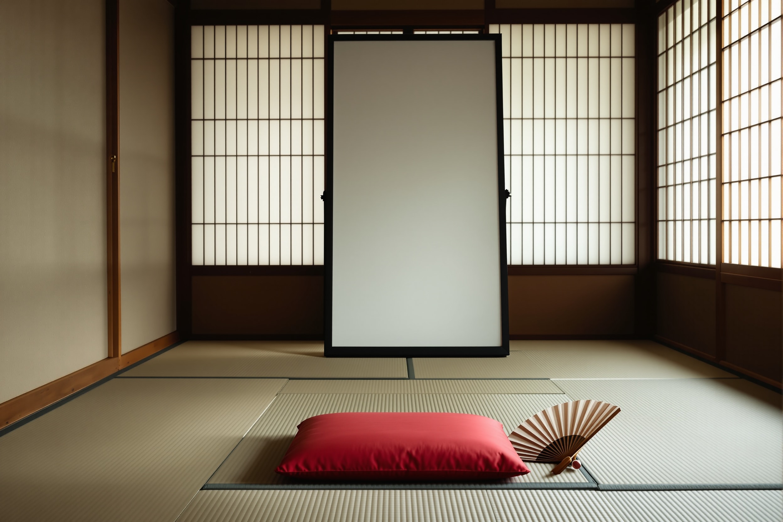 A quiet tatami practice room with a single red cushion facing a mirror