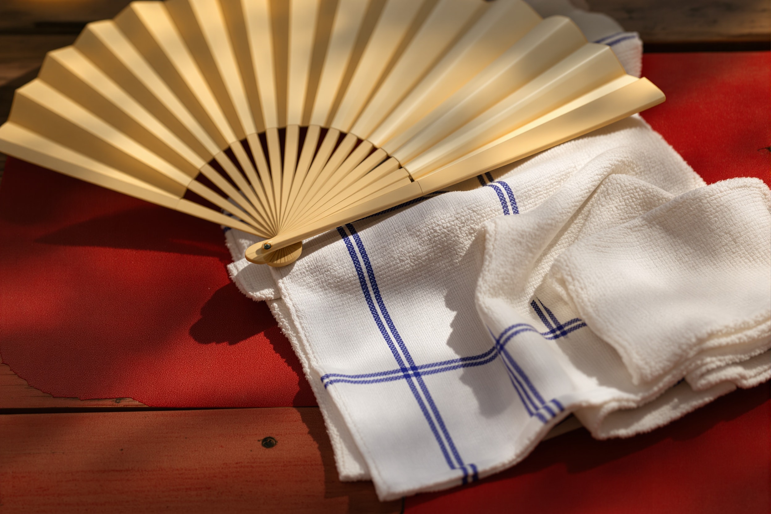 A folding fan and folded cloth on a red cushion on a wooden storytelling stage