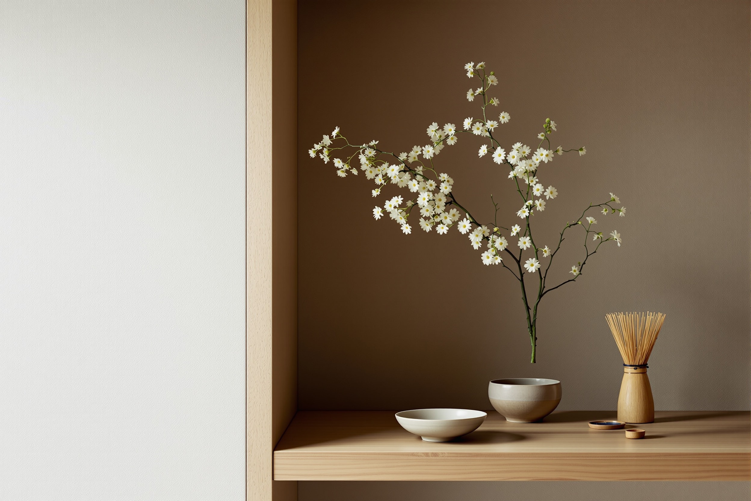 An ikebana arrangement beside tea ceremony utensils in a quiet alcove